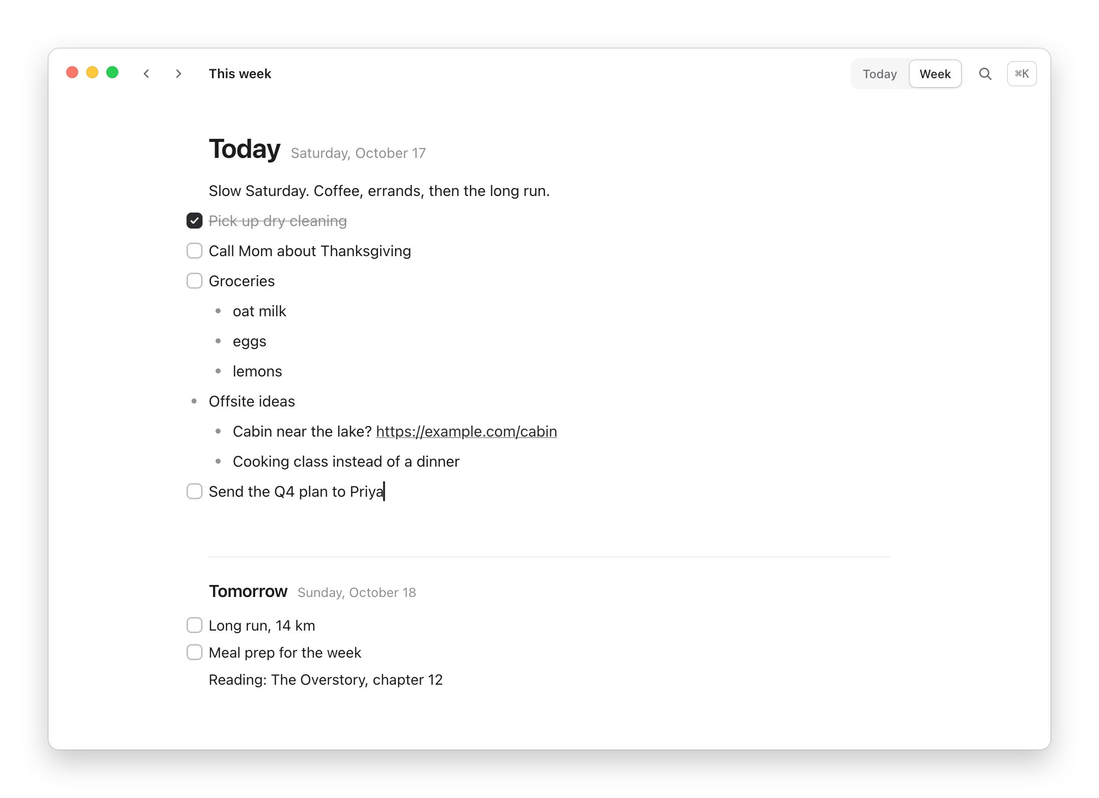 Cue's week view: today's notes, to-dos and nested bullets, with tomorrow below